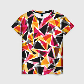 Женская футболка 3D с принтом Разноцветные треугольники в Кировске, 100% полиэфир ( синтетическое хлопкоподобное полотно) | прямой крой, круглый вырез горловины, длина до линии бедер | абстрактный | геометрические фигуры | геометрический узор | желтый | красный | полигональный | разноцветный | треугольники | черный