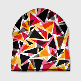 Шапка 3D с принтом Разноцветные треугольники в Кировске, 100% полиэстер | универсальный размер, печать по всей поверхности изделия | Тематика изображения на принте: абстрактный | геометрические фигуры | геометрический узор | желтый | красный | полигональный | разноцветный | треугольники | черный