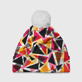 Шапка 3D c помпоном с принтом Разноцветные треугольники в Кировске, 100% полиэстер | универсальный размер, печать по всей поверхности изделия | абстрактный | геометрические фигуры | геометрический узор | желтый | красный | полигональный | разноцветный | треугольники | черный