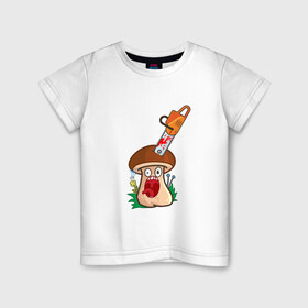 Детская футболка хлопок с принтом Испуганный в Кировске, 100% хлопок | круглый вырез горловины, полуприлегающий силуэт, длина до линии бедер | horror | mushroom | бензопила | гриб | мультяшка | смайл | ужас | хоррор