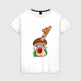 Женская футболка хлопок с принтом Испуганный в Кировске, 100% хлопок | прямой крой, круглый вырез горловины, длина до линии бедер, слегка спущенное плечо | horror | mushroom | бензопила | гриб | мультяшка | смайл | ужас | хоррор
