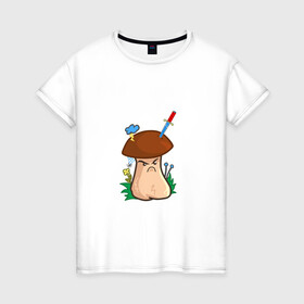 Женская футболка хлопок с принтом Недовольный в Кировске, 100% хлопок | прямой крой, круглый вырез горловины, длина до линии бедер, слегка спущенное плечо | evil | mushroom | гриб | злой | мультяшка | недовольный | сердитый | смайл