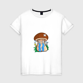 Женская футболка хлопок с принтом Плачь в Кировске, 100% хлопок | прямой крой, круглый вырез горловины, длина до линии бедер, слегка спущенное плечо | mushroom | гриб | мультяшка | обида | плачь | расстроенный | реветь | слезы | смайл