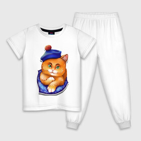 Детская пижама хлопок с принтом Рыжик в Кировске, 100% хлопок |  брюки и футболка прямого кроя, без карманов, на брюках мягкая резинка на поясе и по низу штанин
 | берет | глаза | животные | звери | зеленый | котик. рыжий котик | котики | оранжевый | синий