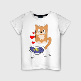 Детская футболка хлопок с принтом Рыжий кот в Кировске, 100% хлопок | круглый вырез горловины, полуприлегающий силуэт, длина до линии бедер | животные | кот | мышка | рыбка | сердца