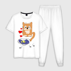 Мужская пижама хлопок с принтом Рыжий кот в Кировске, 100% хлопок | брюки и футболка прямого кроя, без карманов, на брюках мягкая резинка на поясе и по низу штанин
 | животные | кот | мышка | рыбка | сердца