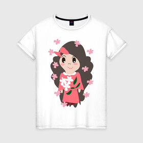 Женская футболка хлопок с принтом Цветение сакуры в Кировске, 100% хлопок | прямой крой, круглый вырез горловины, длина до линии бедер, слегка спущенное плечо | бант | девочка | кавайи | люди | цветы