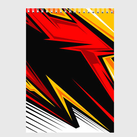 Скетчбук с принтом КРАСНО-ЖЕЛТЫЙ СПОРТ | SPORT в Кировске, 100% бумага
 | 48 листов, плотность листов — 100 г/м2, плотность картонной обложки — 250 г/м2. Листы скреплены сверху удобной пружинной спиралью | Тематика изображения на принте: 3d | abstraction | geometry | hexagon | neon | paints | red | stripes | texture | yellow | абстракция | брызги | геометрия | желтый | краски | красный | неон | неоновый | разлом | соты | текстура