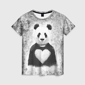 Женская футболка 3D с принтом Панда Любовь Сердце Меланж  в Кировске, 100% полиэфир ( синтетическое хлопкоподобное полотно) | прямой крой, круглый вырез горловины, длина до линии бедер | animals | beast | panda | глаза | животные | звери | краски | любовь | меланж | милые | панда | пятна | растения | сердце | серый | цветы | чб | эвкалипт