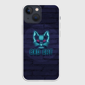 Чехол для iPhone 13 mini с принтом Bad cat в Кировске,  |  | neon | neon cat | кирпич | неон | неоновый кот | стена | тренд
