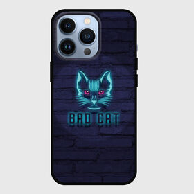 Чехол для iPhone 13 Pro с принтом Bad cat в Кировске,  |  | Тематика изображения на принте: neon | neon cat | кирпич | неон | неоновый кот | стена | тренд