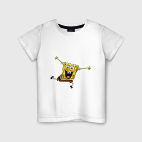 Детская футболка хлопок с принтом СПАНЧ БОБ в Кировске, 100% хлопок | круглый вырез горловины, полуприлегающий силуэт, длина до линии бедер | губка боб | желтый | квадратные штаны | мультфильм | смайлик. | спанч боб
