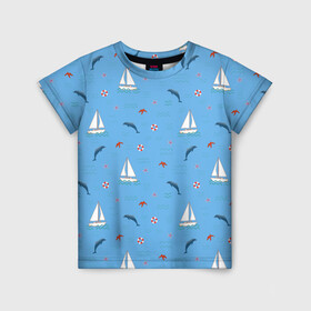 Детская футболка 3D с принтом Море, дельфины, парусник в Кировске, 100% гипоаллергенный полиэфир | прямой крой, круглый вырез горловины, длина до линии бедер, чуть спущенное плечо, ткань немного тянется | boat | dolphins | lifebuoy | marine | ocean | sea | southern | starfish | summer | vacation | waves | волны | корабль | лето | лодка | морская звезда | морской | обитатели | океан | отдых | пейзаж | плавание | пляж | синий | спасательный круг | 