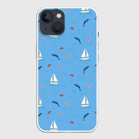Чехол для iPhone 13 с принтом Море, дельфины, парусник в Кировске,  |  | Тематика изображения на принте: boat | dolphins | lifebuoy | marine | ocean | sea | southern | starfish | summer | vacation | waves | волны | корабль | лето | лодка | морская звезда | морской | обитатели | океан | отдых | пейзаж | плавание | пляж | синий | спасательный круг | 