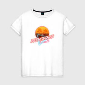 Женская футболка хлопок с принтом Retrowave style в Кировске, 100% хлопок | прямой крой, круглый вырез горловины, длина до линии бедер, слегка спущенное плечо | neon | palms | retrowave | sun | sunset | закат | неон | пальмы | ретровейв | солнце