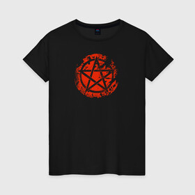 Женская футболка хлопок с принтом Пентаграмма  в Кировске, 100% хлопок | прямой крой, круглый вырез горловины, длина до линии бедер, слегка спущенное плечо | демон | дьявол | зло | пентаграмма | сатана | символ