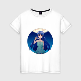 Женская футболка хлопок с принтом Rika Furude в Кировске, 100% хлопок | прямой крой, круглый вырез горловины, длина до линии бедер, слегка спущенное плечо | аниме | девушка | луна | нож | платье | синие волосы