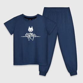 Детская пижама хлопок с принтом Stray Game 2021 Logo в Кировске, 100% хлопок |  брюки и футболка прямого кроя, без карманов, на брюках мягкая резинка на поясе и по низу штанин
 | 2021 | cat | cyberpunk | game | stray | бродилка | бродить | бродячий | киберпанк | кот | стрей | стрэй