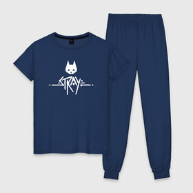 Женская пижама хлопок с принтом Stray Game 2021 Logo в Кировске, 100% хлопок | брюки и футболка прямого кроя, без карманов, на брюках мягкая резинка на поясе и по низу штанин | 2021 | cat | cyberpunk | game | stray | бродилка | бродить | бродячий | киберпанк | кот | стрей | стрэй