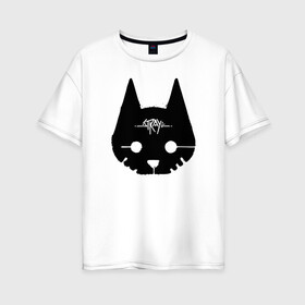 Женская футболка хлопок Oversize с принтом Stray Game 2021 в Кировске, 100% хлопок | свободный крой, круглый ворот, спущенный рукав, длина до линии бедер
 | 2021 | cat | cyberpunk | game | stray | бродилка | бродить | бродячий | киберпанк | кот | стрей | стрэй