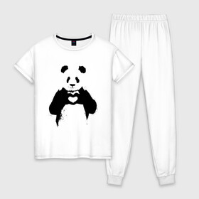 Женская пижама хлопок с принтом ПАНДА ЛАЙК / ЛЮБОВЬ / PANDA LOVE в Кировске, 100% хлопок | брюки и футболка прямого кроя, без карманов, на брюках мягкая резинка на поясе и по низу штанин | heart | like | likes | love | paints | panda | брызги | животные | звери | краски | лайк | лайки | любовь | панда | сердечко | чб | чёрно белое