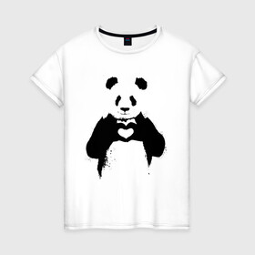 Женская футболка хлопок с принтом ПАНДА ЛАЙК / ЛЮБОВЬ / PANDA LOVE в Кировске, 100% хлопок | прямой крой, круглый вырез горловины, длина до линии бедер, слегка спущенное плечо | heart | like | likes | love | paints | panda | брызги | животные | звери | краски | лайк | лайки | любовь | панда | сердечко | чб | чёрно белое