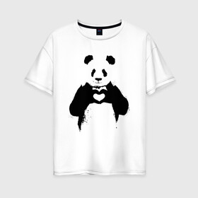 Женская футболка хлопок Oversize с принтом ПАНДА ЛАЙК / ЛЮБОВЬ / PANDA LOVE в Кировске, 100% хлопок | свободный крой, круглый ворот, спущенный рукав, длина до линии бедер
 | heart | like | likes | love | paints | panda | брызги | животные | звери | краски | лайк | лайки | любовь | панда | сердечко | чб | чёрно белое