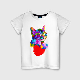 Детская футболка хлопок с принтом РАДУЖНЫЙ КОТИК / RAINBOW KITTY в Кировске, 100% хлопок | круглый вырез горловины, полуприлегающий силуэт, длина до линии бедер | heart | kitty | like | low poly | rainbow | животные | звери | котик | лайк | радуга | радужный котик | сердечко | цветные