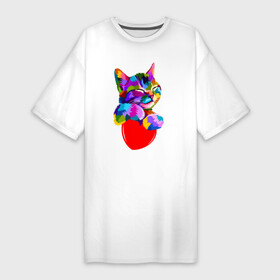 Платье-футболка хлопок с принтом РАДУЖНЫЙ КОТИК  RAINBOW KITTY в Кировске,  |  | heart | kitty | like | low poly | rainbow | животные | звери | котик | лайк | радуга | радужный котик | сердечко | цветные