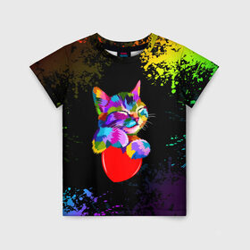 Детская футболка 3D с принтом РАДУЖНЫЙ КОТИК / RAINBOW KITTY в Кировске, 100% гипоаллергенный полиэфир | прямой крой, круглый вырез горловины, длина до линии бедер, чуть спущенное плечо, ткань немного тянется | heart | kitty | like | low poly | rainbow | животные | звери | котик | лайк | радуга | радужный котик | сердечко | цветные