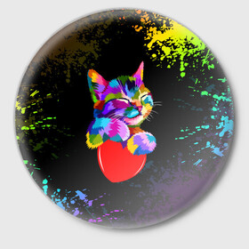 Значок с принтом РАДУЖНЫЙ КОТИК / RAINBOW KITTY в Кировске,  металл | круглая форма, металлическая застежка в виде булавки | heart | kitty | like | low poly | rainbow | животные | звери | котик | лайк | радуга | радужный котик | сердечко | цветные