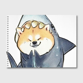 Альбом для рисования с принтом Акуло-пёс в Кировске, 100% бумага
 | матовая бумага, плотность 200 мг. | Тематика изображения на принте: акита ину | акула | арт | костюм | пёс | рисунок | рыжая собака | рыжий пёс | сиба ину | собака