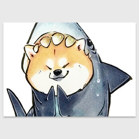 Поздравительная открытка с принтом Акуло-пёс в Кировске, 100% бумага | плотность бумаги 280 г/м2, матовая, на обратной стороне линовка и место для марки
 | Тематика изображения на принте: акита ину | акула | арт | костюм | пёс | рисунок | рыжая собака | рыжий пёс | сиба ину | собака