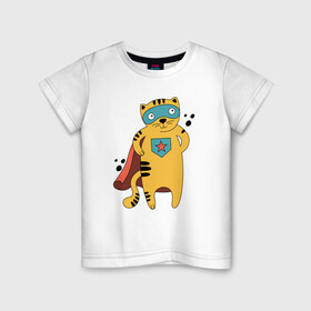 Детская футболка хлопок с принтом Кот Герой в Кировске, 100% хлопок | круглый вырез горловины, полуприлегающий силуэт, длина до линии бедер | кот | кот в плаще | котэ | маска | супер герой | супер кот