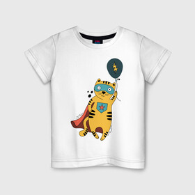 Детская футболка хлопок с принтом Супер кот в Кировске, 100% хлопок | круглый вырез горловины, полуприлегающий силуэт, длина до линии бедер | super cat | воздушный шарик | кот в плаще | кот герой | супер кот