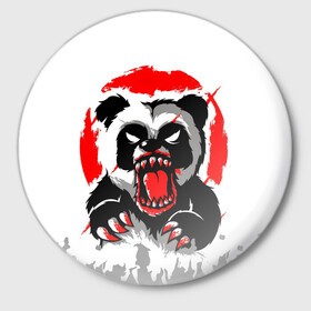 Значок с принтом Злая Кровавая Панда в Кировске,  металл | круглая форма, металлическая застежка в виде булавки | animal | beast | blood | fire | monster | panda | животные | звери | зубы | кровь | монстр | огонь | панда | хищник
