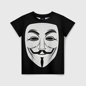Детская футболка 3D с принтом Guy Fawkes в Кировске, 100% гипоаллергенный полиэфир | прямой крой, круглый вырез горловины, длина до линии бедер, чуть спущенное плечо, ткань немного тянется | белый | бородка | гай фокс | лицо | маска | усы | черный