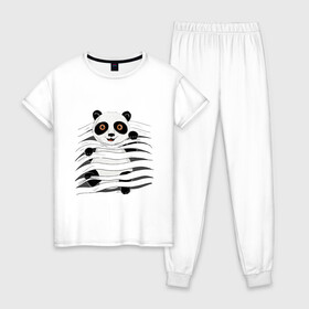 Женская пижама хлопок с принтом МАЛЫШ ПАНДА в Кировске, 100% хлопок | брюки и футболка прямого кроя, без карманов, на брюках мягкая резинка на поясе и по низу штанин | baby | bear | china | honey | little | panda | sweet | texture | иллюзия | китай | малыш | медведь | милый | мишка | няшка | панда | текстуры