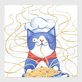 Магнитный плакат 3Х3 с принтом Котик-повар в Кировске, Полимерный материал с магнитным слоем | 9 деталей размером 9*9 см | Тематика изображения на принте: арт | кот | котик | кошка | макароны | паста | повар | рисунок | спагетти