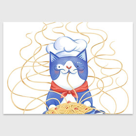 Поздравительная открытка с принтом Котик-повар в Кировске, 100% бумага | плотность бумаги 280 г/м2, матовая, на обратной стороне линовка и место для марки
 | Тематика изображения на принте: арт | кот | котик | кошка | макароны | паста | повар | рисунок | спагетти