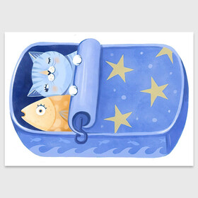 Поздравительная открытка с принтом Сладкие сны в Кировске, 100% бумага | плотность бумаги 280 г/м2, матовая, на обратной стороне линовка и место для марки
 | Тематика изображения на принте: арт | звезда | звёзды | консервы | кот | котик | кошка | ночь | рисунок | рыба | рыбка | сны | сон | спокойной ночи