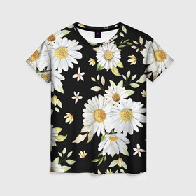 Женская футболка 3D с принтом Ромашки на черном фоне в Кировске, 100% полиэфир ( синтетическое хлопкоподобное полотно) | прямой крой, круглый вырез горловины, длина до линии бедер | девушкам | девушке | природа | ромахи | ромашки | рошамшка | цветочки | цветы