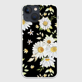 Чехол для iPhone 13 mini с принтом Ромашки на черном фоне в Кировске,  |  | Тематика изображения на принте: девушкам | девушке | природа | ромахи | ромашки | рошамшка | цветочки | цветы