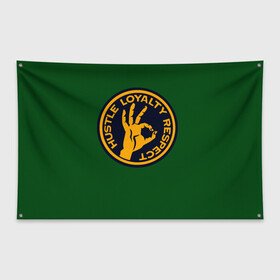 Флаг-баннер с принтом Hustle Loyalty respect  в Кировске, 100% полиэстер | размер 67 х 109 см, плотность ткани — 95 г/м2; по краям флага есть четыре люверса для крепления | жёлтый | зелёный | надпись | преданное уважение | рука | эмблема