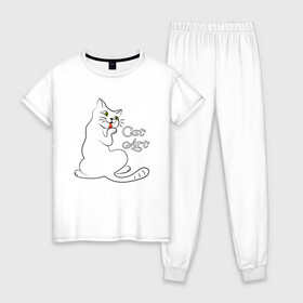 Женская пижама хлопок с принтом Белая кошка в Кировске, 100% хлопок | брюки и футболка прямого кроя, без карманов, на брюках мягкая резинка на поясе и по низу штанин | cat | cat art | звери | кот | котенок | котик | кошка