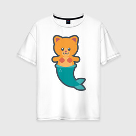 Женская футболка хлопок Oversize с принтом Cat Mermaid в Кировске, 100% хлопок | свободный крой, круглый ворот, спущенный рукав, длина до линии бедер
 | animal | cat | cute | fish | kitty | meow | друг | животные | киска | кися | китти | кот | котенок | котик | котэ | кошечка | кошка | мур | мяу | питомец | русалка | русалочка | рыба