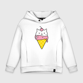 Детское худи Oversize хлопок с принтом Ice Cream Cat в Кировске, френч-терри — 70% хлопок, 30% полиэстер. Мягкий теплый начес внутри —100% хлопок | боковые карманы, эластичные манжеты и нижняя кромка, капюшон на магнитной кнопке | Тематика изображения на принте: animal | cat | cute | ice cream | kitty | meow | друг | животные | киска | кися | китти | кот | котенок | котик | котэ | кошечка | кошка | мороженое | мур | мяу | питомец