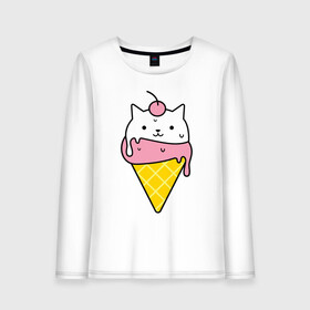 Женский лонгслив хлопок с принтом Ice Cream Cat в Кировске, 100% хлопок |  | animal | cat | cute | ice cream | kitty | meow | друг | животные | киска | кися | китти | кот | котенок | котик | котэ | кошечка | кошка | мороженое | мур | мяу | питомец