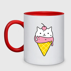 Кружка двухцветная с принтом Ice Cream Cat в Кировске, керамика | объем — 330 мл, диаметр — 80 мм. Цветная ручка и кайма сверху, в некоторых цветах — вся внутренняя часть | animal | cat | cute | ice cream | kitty | meow | друг | животные | киска | кися | китти | кот | котенок | котик | котэ | кошечка | кошка | мороженое | мур | мяу | питомец