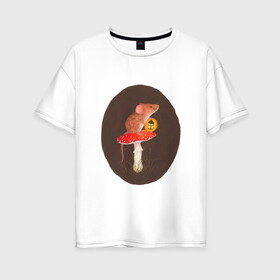 Женская футболка хлопок Oversize с принтом Ночное путешествие в Кировске, 100% хлопок | свободный крой, круглый ворот, спущенный рукав, длина до линии бедер
 | арт | гриб | мухомор | мышка | мышь | ночь | природа | рисунок | фонарь